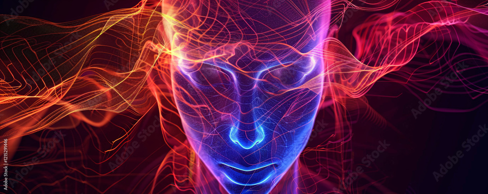 Poster digital neural network visualization surrounding a human head silhouette depicting ai and brain acti