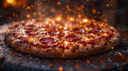 A perfect closeup of delicious oven baked pizza topped with pepperoni showcasing an illuminating sparkles behind 