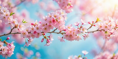 Delicate cherry blossom branches in full bloom against a soft blue sky, gentle, branches, cherry blossoms