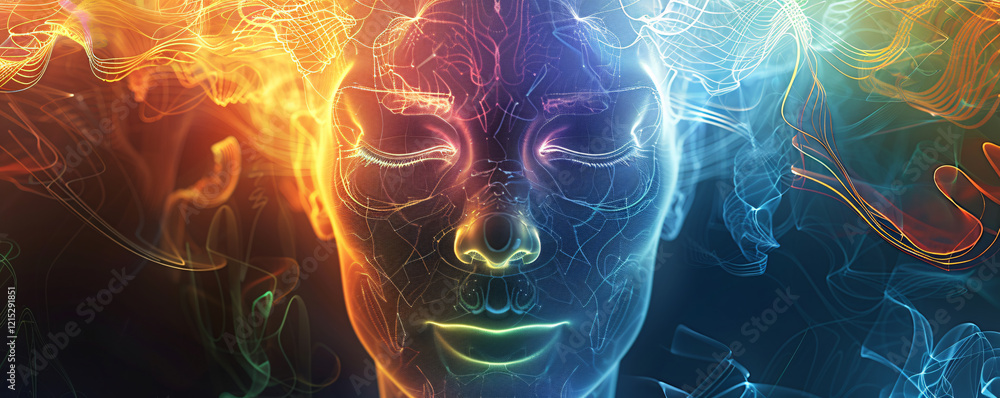 Poster Digital art of a human head with glowing neural network patterns symbolizing thought process