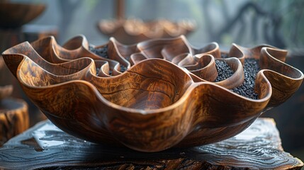 A beautiful wooden carved decoration piece placed on wooden table in blur background