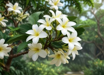 Fototapeta premium Delicate white frangipani flowers on green tree branch, floral cluster, beauty