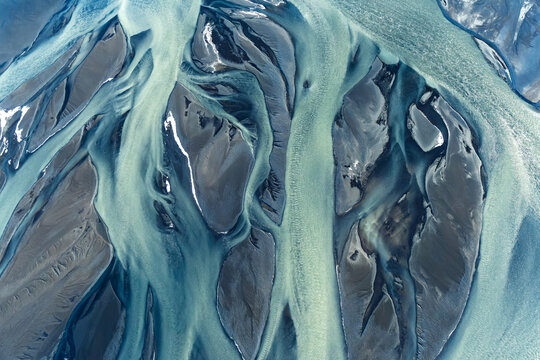 Aerial drone view of abstract Icelandic river deltas