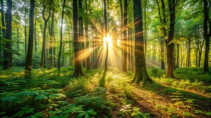 Obraz premium Dense foliage with sunlight filtering through trees creating a warm glow on the forest floor, greenery, tree canopy, leaves, forest