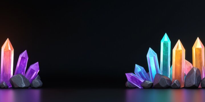 Vibrant crystal formation display studio setup visual art dark background close-up view gemstone aesthetics