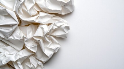 Crumpled paper scattered against a plain white wall creating an abstract texture background