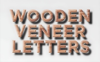 Three dimensional text reading 'WOODEN VENEER LETTERS' with polished wood grain texture on a light gray background, showcasing detailed craftsmanship.