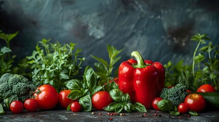 Closeup of a solitary red bel pepper placed on a dark surface full of fresh green vegetables and tomatoes