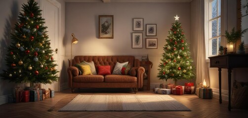 Cozy reading nook with a Christmas tree and festive decorations, warm lighting, cozy atmosphere, calming atmosphere