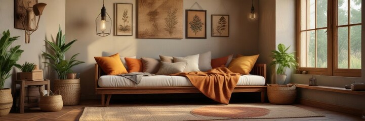 Cozy reading nook with natural textiles and earthy tones, woven baskets, wooden furniture, soft focus