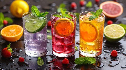 Refreshing different soft drinks served in glasses topped with mint leaves placed on dark table full of fresh lemons oranges and berries