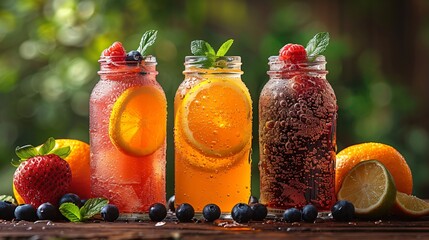 Beautiful three glass jars filled with fruit cocktails and slices of fresh lemon in it topped with some mint leaves served with some blue berries strawberry and oranges placed on wooden table