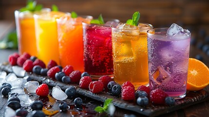 Six glass filled with variety of different fruit cocktails filled with ice and topped with some fresh mint leaves served with some berries and half cut orange placed on a table full of ice pieces 