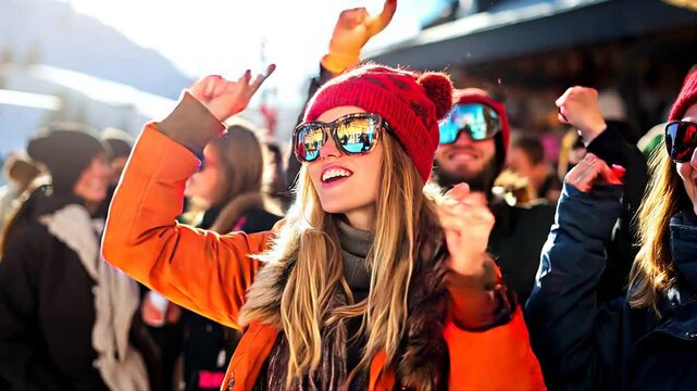 Cheerful tourists dancing with vibrant energy during festive winter mountain party, celebrating friendship and joy in snowy alpine destination