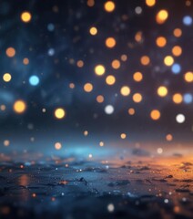 Dreamy abstract blue and orange tones with scattered bokeh lights in a vast space, space, dreamy, atmospheric