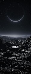 Cratered terrain on a distant moon with a crescent moon rising above the horizon, crater, moon, void, space landscape