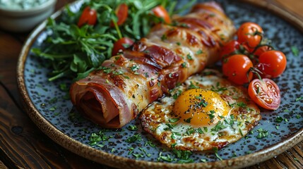 Delicious fried ham roll served with fried egg tomatoes and fresh parsley placed on a beautiful ceramic plate over wooden table