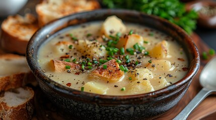 A beautiful ceramic bowl filled with delicious potato soup topped with some green onion served with some baked garlic bread and a spoon placed over wooden table