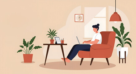A person sitting in a chair with a laptop in a cozy room with plants and a window.