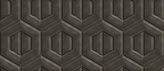 Dark hexagon stripes in a seamless 3D geometric pattern