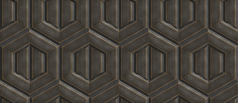 Dark hexagon stripes in a seamless 3D geometric pattern