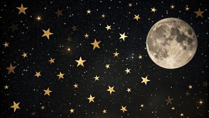 Elegant night sky with gold stars and moon on a black background, celestial, galaxy