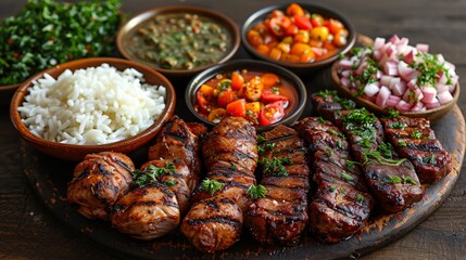 A delicious wooden platter full of variety of different foods including some grilled chicken steaks served with four bowls filled with tomatoes onions beans and boiled rice placed on wooden table