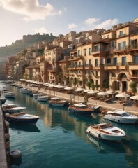 Fototapeta premium Elegant yachts docked in a charming Sicilian town with ancient terracotta rooftops and a beautiful harbour, boats, Mediterranean