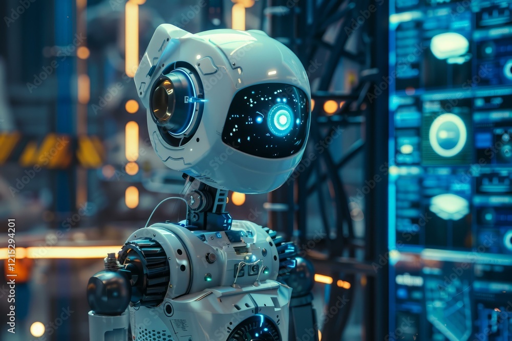 Poster white ai working with big data in digital futuristic laboratory, analyzing and controlling processes