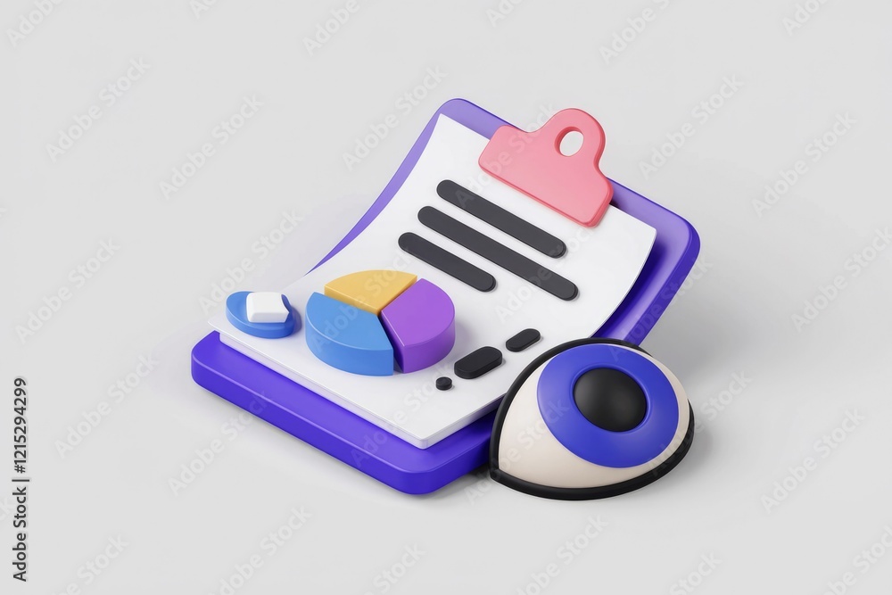 Poster 3D illustration of a report with a pie chart and an eye icon, representing data analysis and insights.