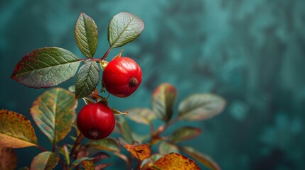 Two beautiful rosehip fruit on plant full of green leaves in dark blur background