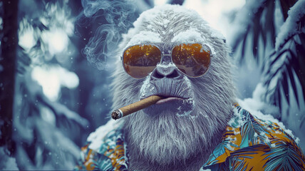 A funny yeti portrait with a cigar dangling from its mouth, wearing oversized sunglasses and a Hawaiian shirt, standing in a snow-covered forest