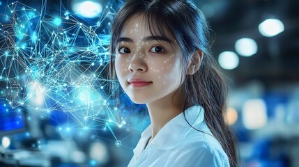 Woman and futuristic technology, AI, facial recognition, network, connection, digital transformation, innovation,  cybersecurity, modern tech,