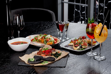 Elegant Table Setting with Assorted Dishes and Drinks.