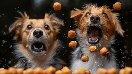 Closeup candid shot of two cute brown colored dogs catching orange colored balls against dark back background