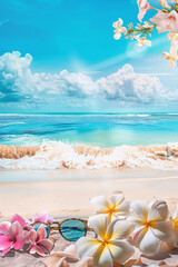 Fototapeta premium Tropical beach scenery with flowers and sunglasses on the sand against a vibrant blue sky