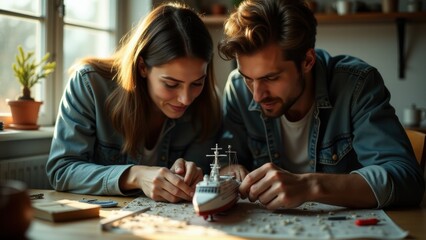Fototapeta premium A couple deeply engaged in a collaborative creative activity, surrounded by cozy, warm light..