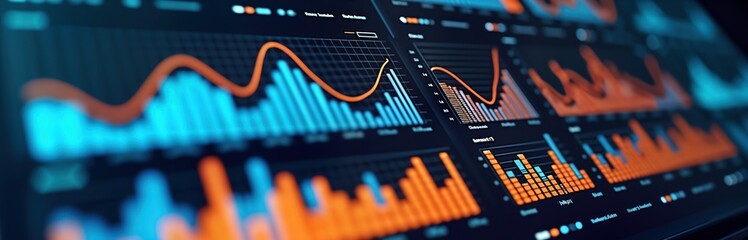 Colorful dashboard displays tech data analytics graphs, charts showing business, finance sector usage trends. Dynamic graphs show insights into tech usage, revenue growth. Dashboard represents tech