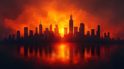Fiery sunset over city skyline reflected in water
