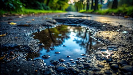 Fototapeta premium Dark puddle of slimy substance on the ground, sticky, mess, black slime