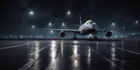 Fototapeta premium Dark runway at night with a large jetliner parked on the ground, parked, dark