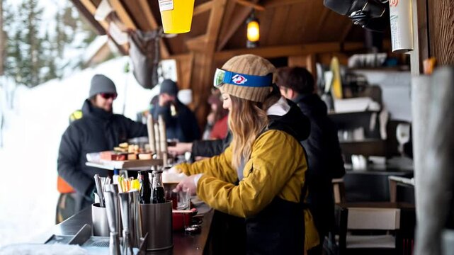 Cheerful waitress in ski goggles serving customers at rustic mountain bar during winter vacation, embodying hospitality of ski resort lifestyle
