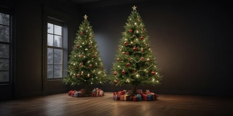Evergreen Christmas tree with ornaments and lights in a dark room , holiday decor, christmas decorations