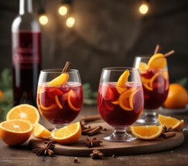 Festive winter sangria served in stemless wine glasses with sliced oranges and cinnamon, holiday drinks, cinnamon, party, stemless glasses, festive