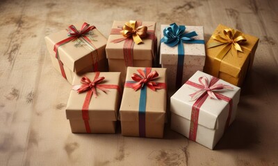Fototapeta premium Decorated gift boxes on a rustic paper background, gift boxes, present box