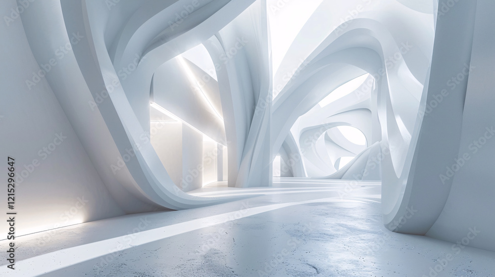 Poster modern 3d render of a sleek, fluid architecture design in white with natural light