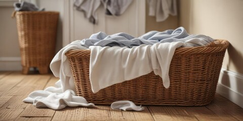 Fleece blankets spilling out of a large wicker laundry basket on a floor , home decor, laundary, overflowing