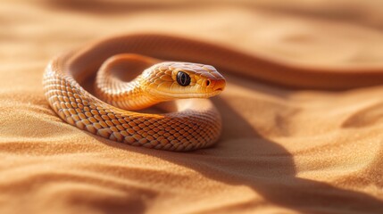 Fototapeta premium A close-up view of a unique and vibrant snake on golden sand. The subtle tones and textures create an intriguing visual effect. Its natural habitat is captivating. Generative AI