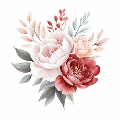 watercolor bouquet of peonies, rose and carnatation, blush pink, red and neutral white, isolated on white background