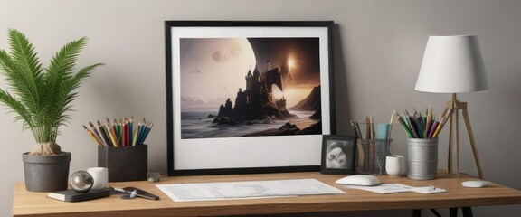 Framed poster mockup on desk with art supplies, office, supplies, hobby